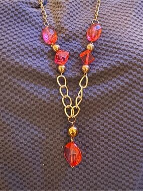 Gold Chain Necklace with Red Faceted Beads